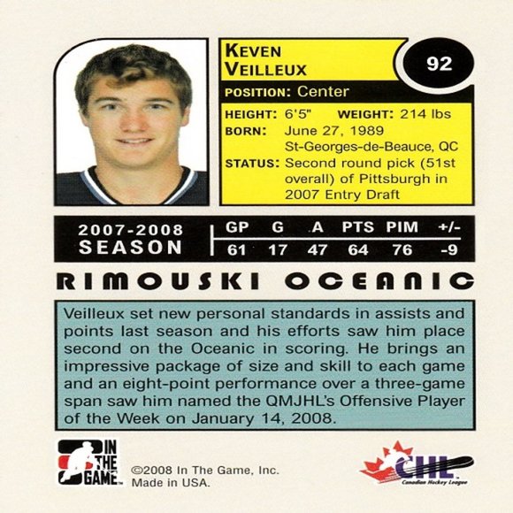Keven Veilleux (Rimouski Oceanic) 2008 In The Game Prospects Card - Number 92 - Picture 2 of 2
